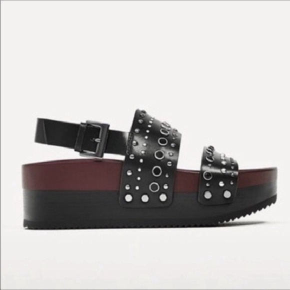 Zara Black Faux Leather Metal Embellished Chunky Platform  Lug Sandals - Picture 1 of 12